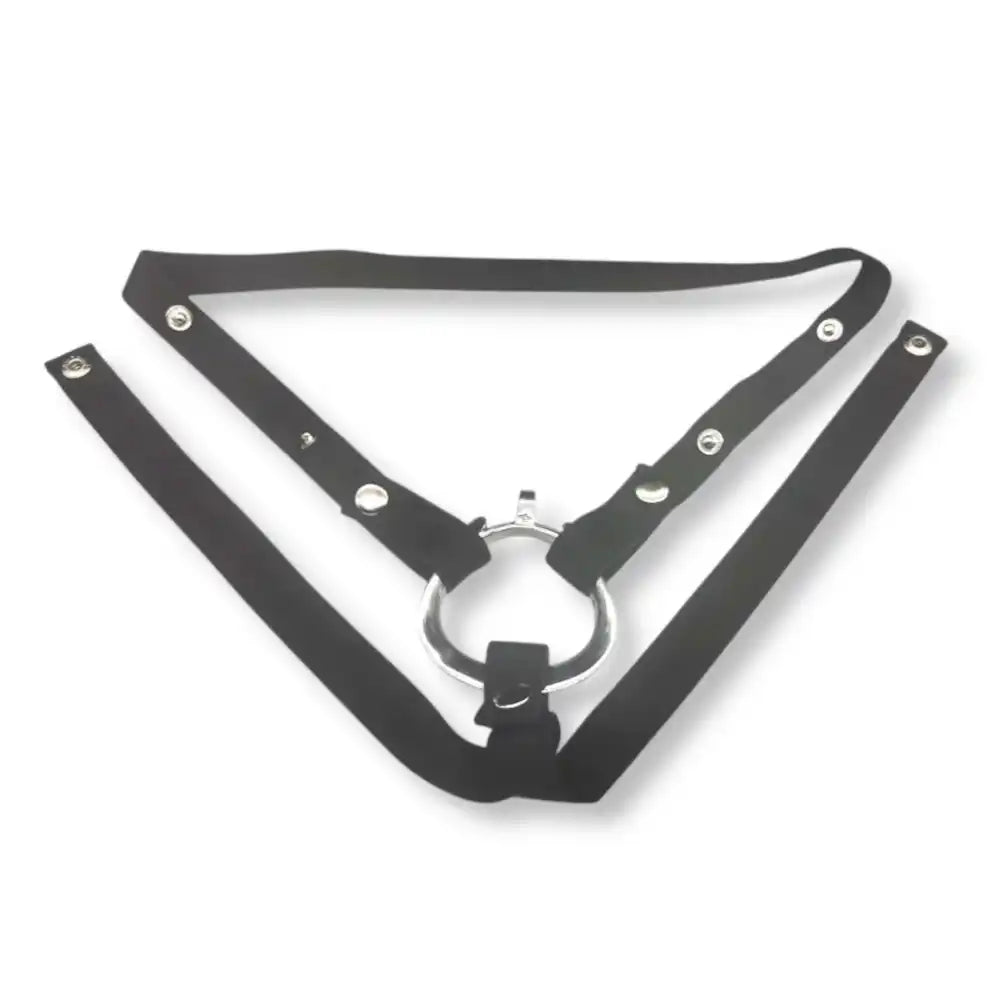 Ceinture de chasteté noire à triple maintien avec anneau métallique central et lanières ajustables, idéale pour la sissyfication et la féminisation sur Le Sissyshop.