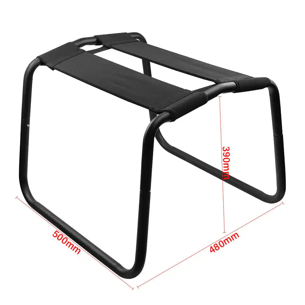 Chaise d'entraînement à l'anal avec indications de dimensions, équipement de bondage et de sissification pour adultes.