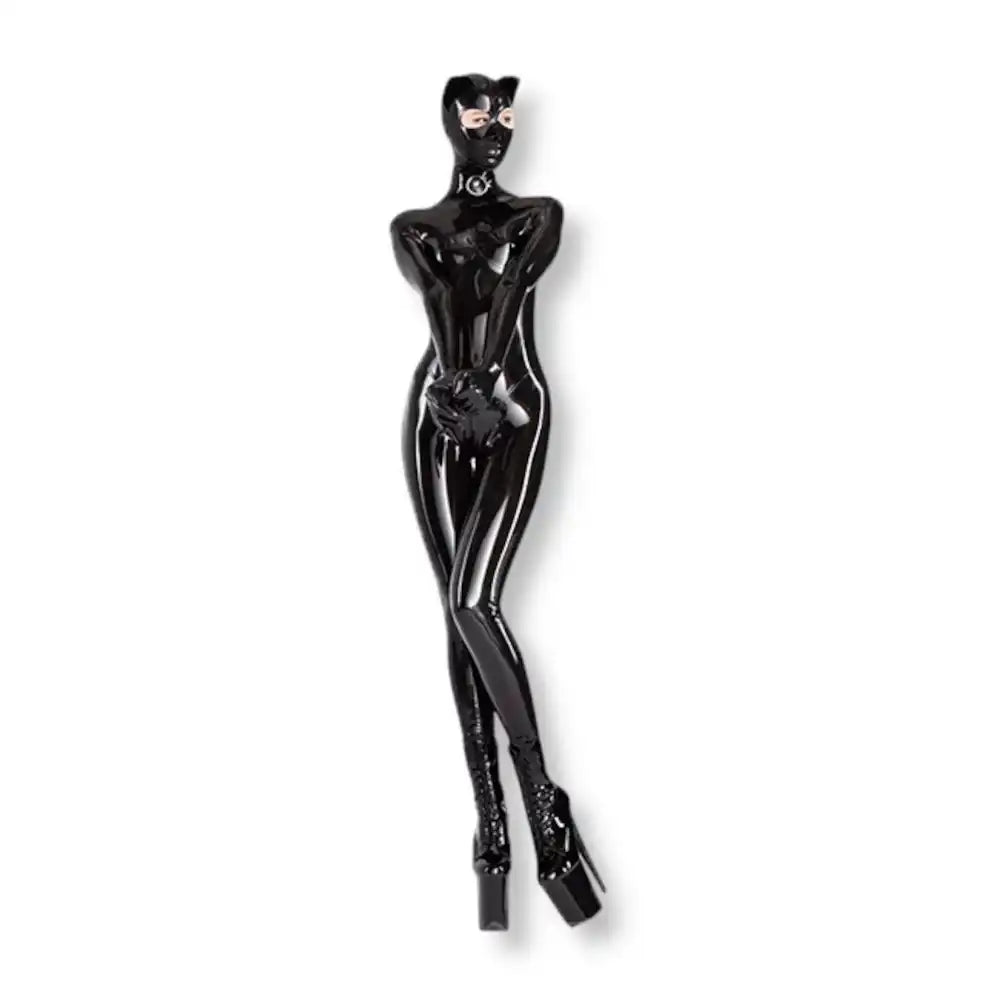 Silhouette de face en combinaison intégrale zippée en latex noir, vêtement seconde peau pour l'expression de la féminité et du style alternatif.