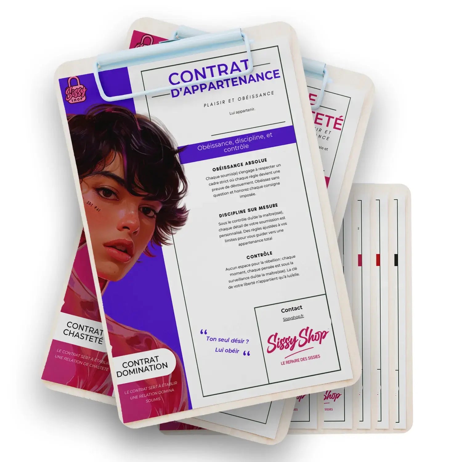 mockup du pack de contrat de féminisation du sissyshop, il y a des contrats de féminisation, des contrats de chasteté et des contrats d'appatenance