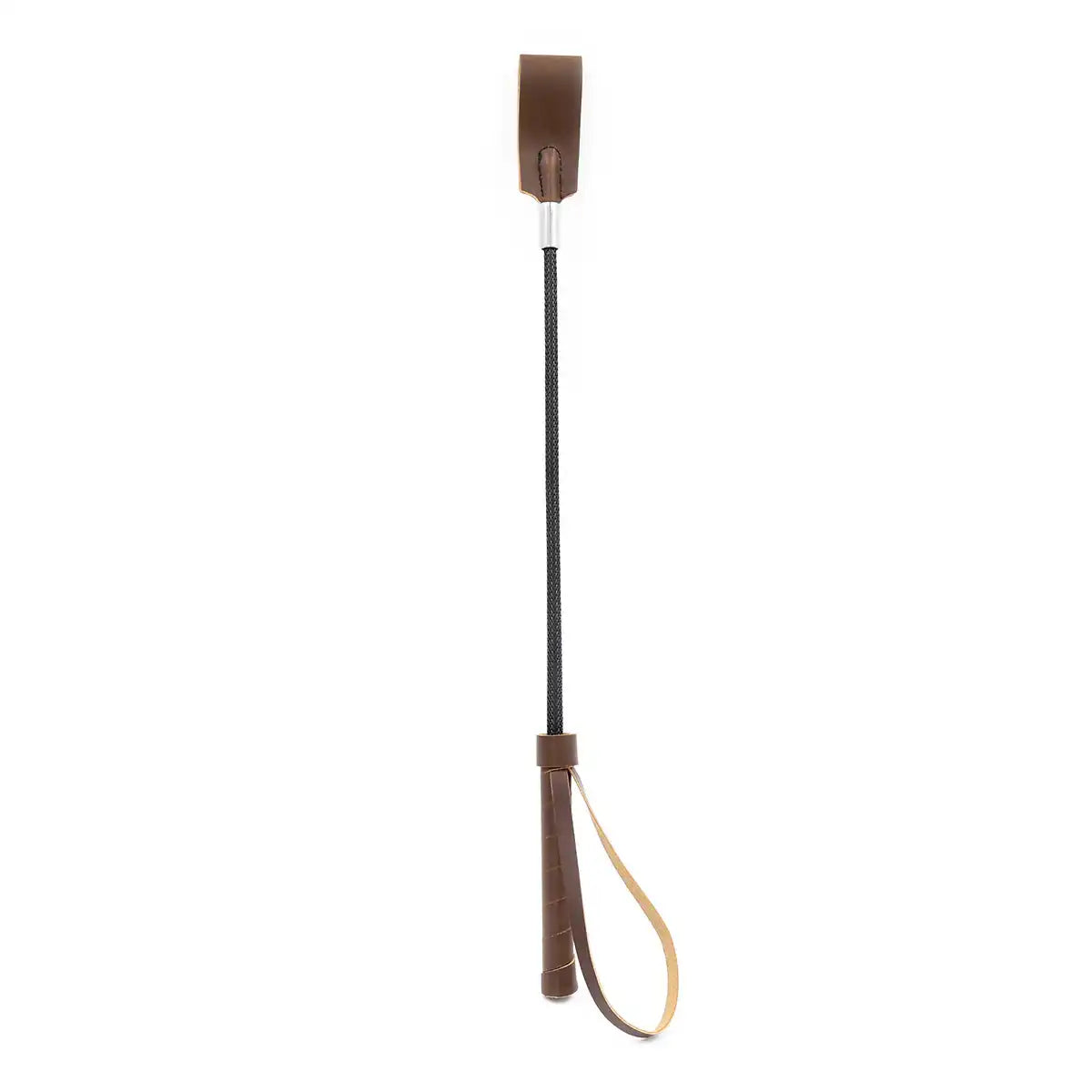 Cravache en cuir marron avec lanière plate, accessoire de bondage et de sissification pour adultes.