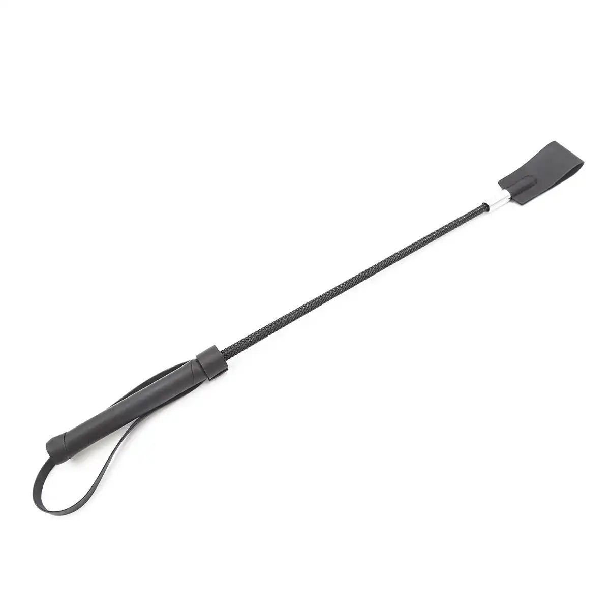 Cravache en cuir noir avec poignée ergonomique et dragonne, accessoire bdsm, fouet sm et soumission pour la sissification sur Le Sissyshop.
