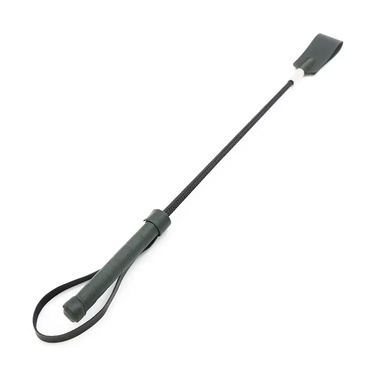 Cravache en cuir vert kaki avec poignée et dragonne, accessoire bdsm original pour la soumission