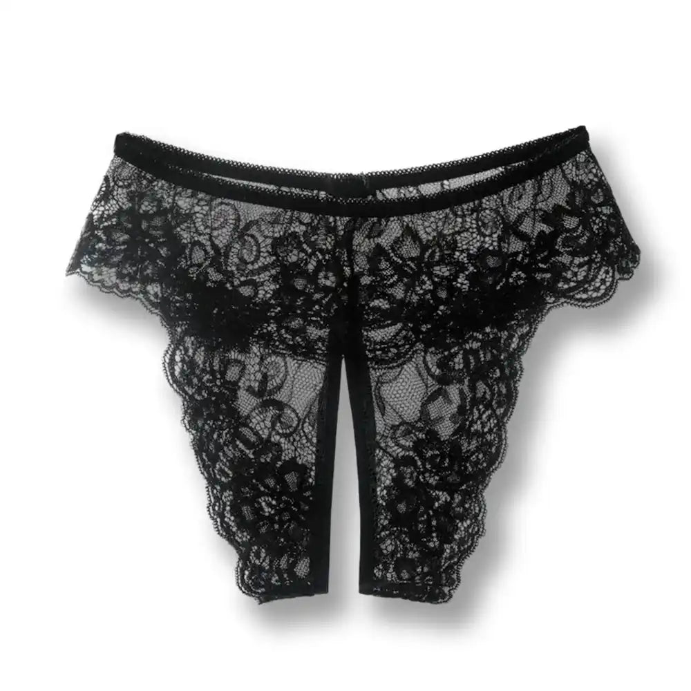 Culotte ouverte sexy noire en dentelle florale transparente, le modèle de culotte sexy classique et envoûtant idéal pour vos séances sur sissyshop.