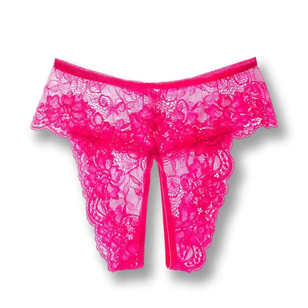 Vue à plat d'une culotte ouverte sexy en dentelle rose fuchsia, un modèle de culotte fendue audacieux et coquin parfait pour pimenter vos moments de sissification sur sissyshop.