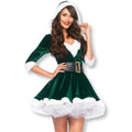 Version verte de la robe coquine de Mère Noël avec ceinture noire ajustée, une robe cosplay festive et ultra sexy idéale pour sissy disponible sur sissyshop.