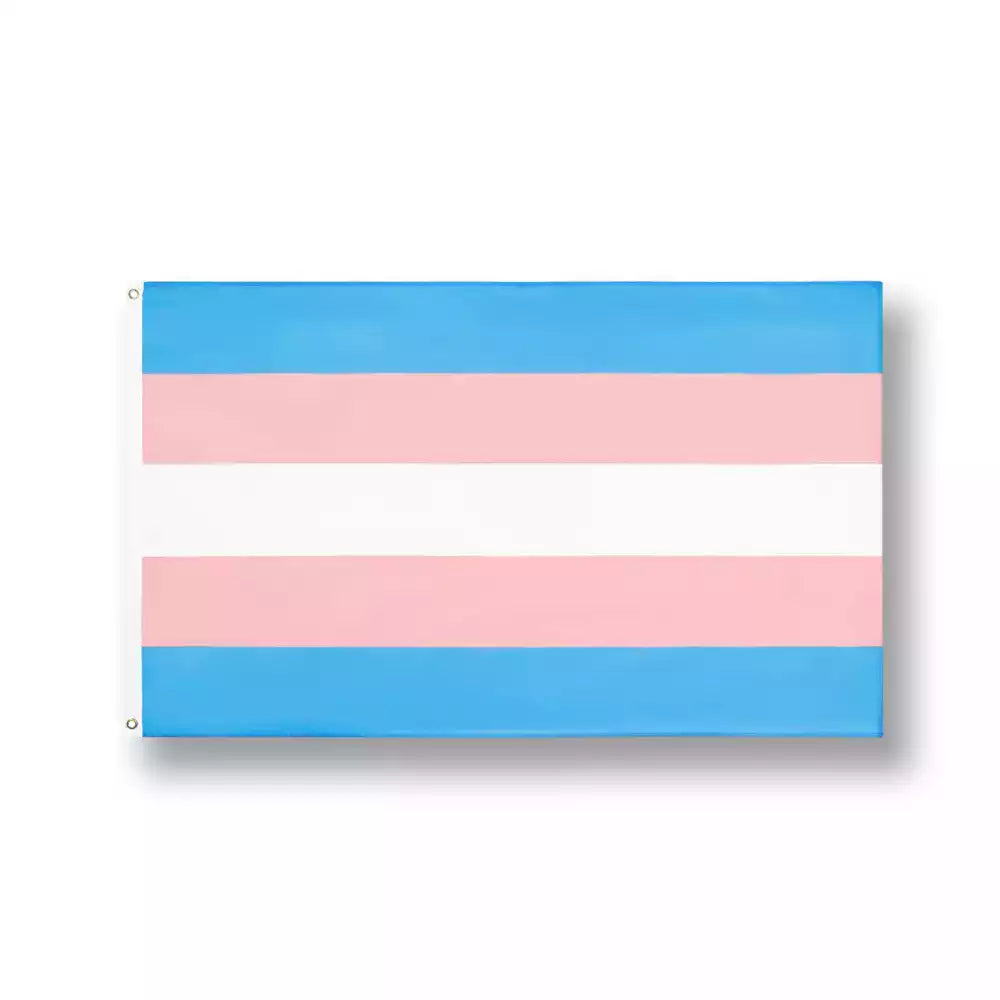 Vue complète à plat du drapeau trans aux bandes horizontales bleu ciel, rose pastel et blanche, le drapeau lgbtqia+ parfait à retrouver sur la boutique sissyshop.