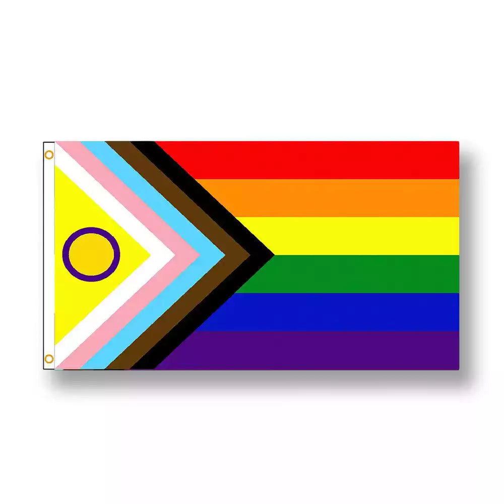 Drapeau lgbtqia+ Progress Pride inclusif avec chevron transgenre, marron, noir et cercle intersexe, idéal pour célébrer la fierté lgbt sur sissyshop.
