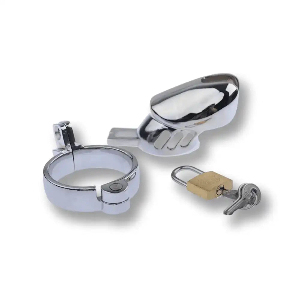 Cage de chasteté en métal chromé avec cadenas doré pour sissification et soumission sexuelle, taille ajustable sur Sissyshop