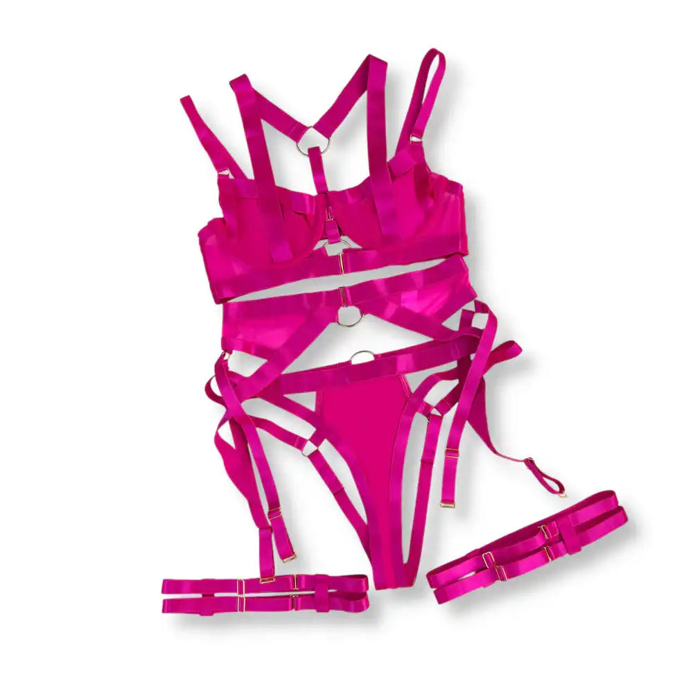 Ensemble de lingerie rose vif avec sangles et jarretelles, tenue sexy idéale pour le crossdressing et la sissification.
