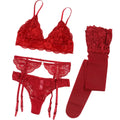 Ensemble lingerie rouge en dentelle pour sissification et féminisation, comprenant soutien-gorge, culotte et bas, sur Sissyshop