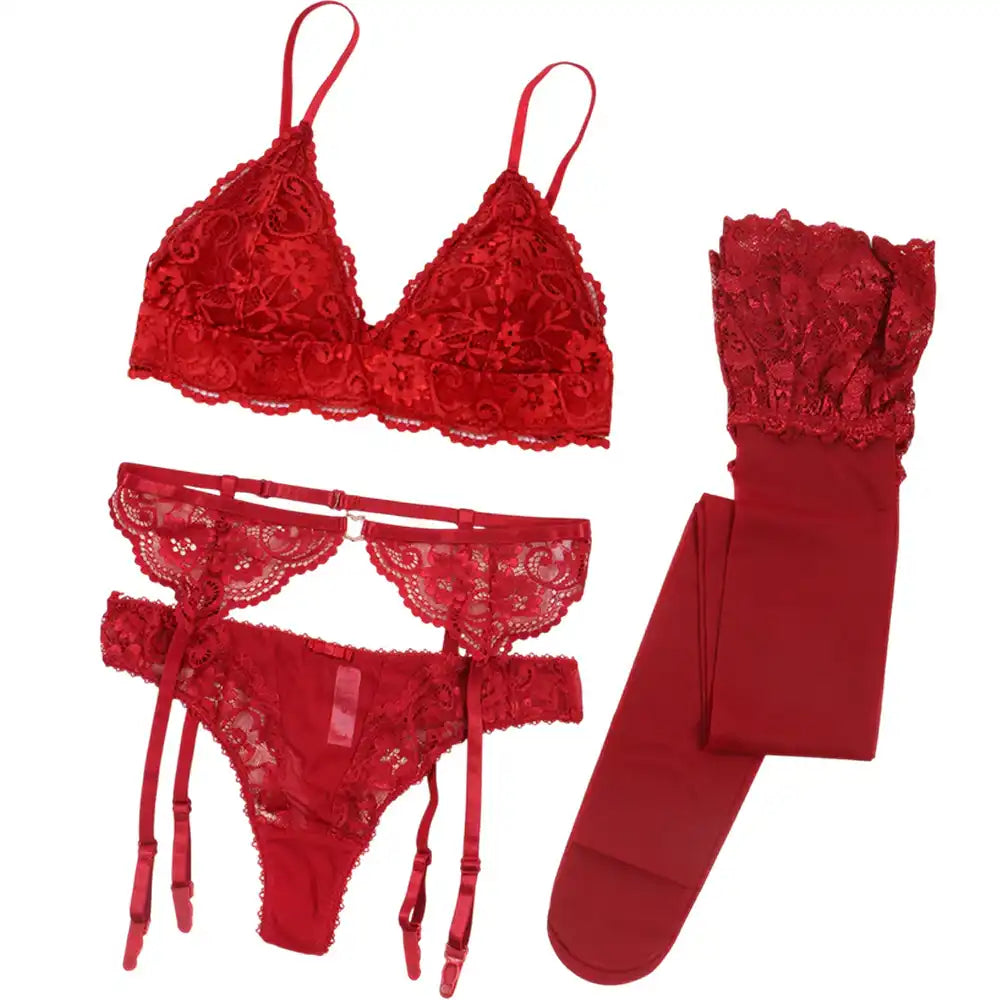 Ensemble lingerie rouge en dentelle pour sissification et féminisation, comprenant soutien-gorge, culotte et bas, sur Sissyshop