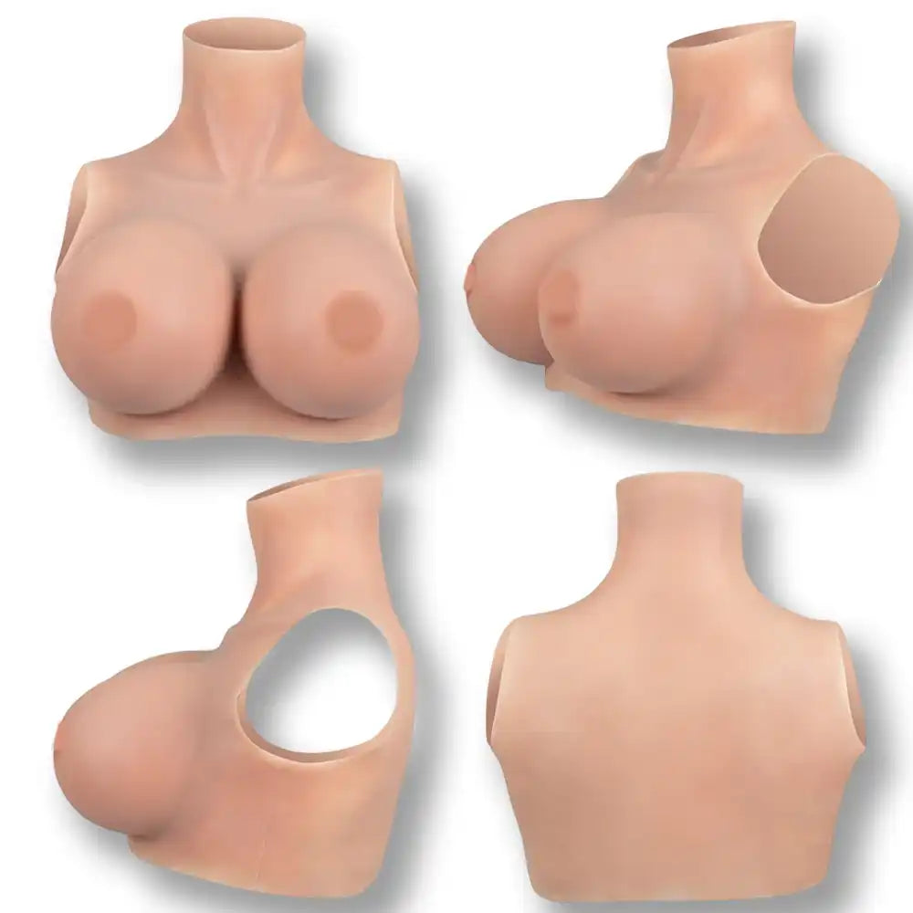 Présentation technique sous quatre angles différents (face, profil, côté et dos) de la prothèse mammaire silicone, dévoilant sa conception ergonomique pour travesti et sissy sur sissyshop.