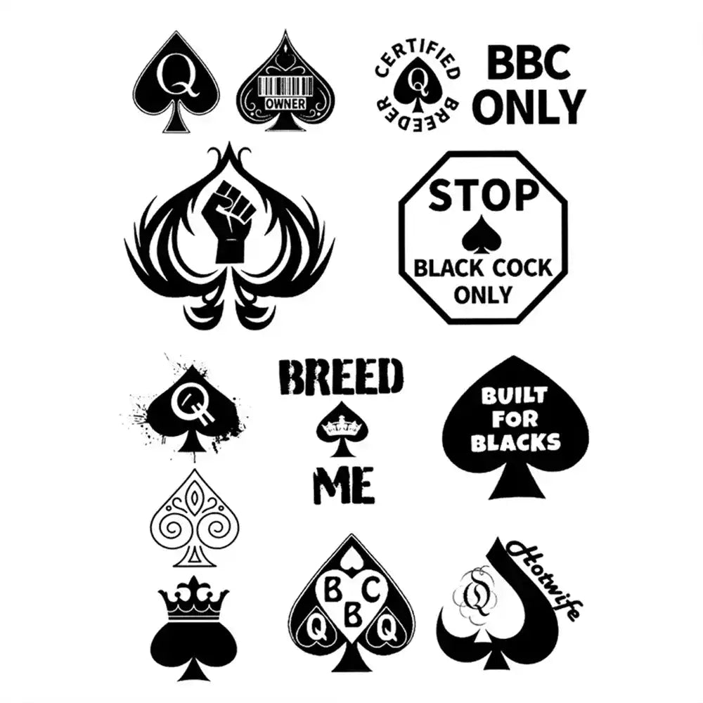 Gros plan sur les motifs noirs de la planche de tatouage qos incluant piques stylisés et inscriptions fétichistes pour parfaire votre sissification sur sissyshop.