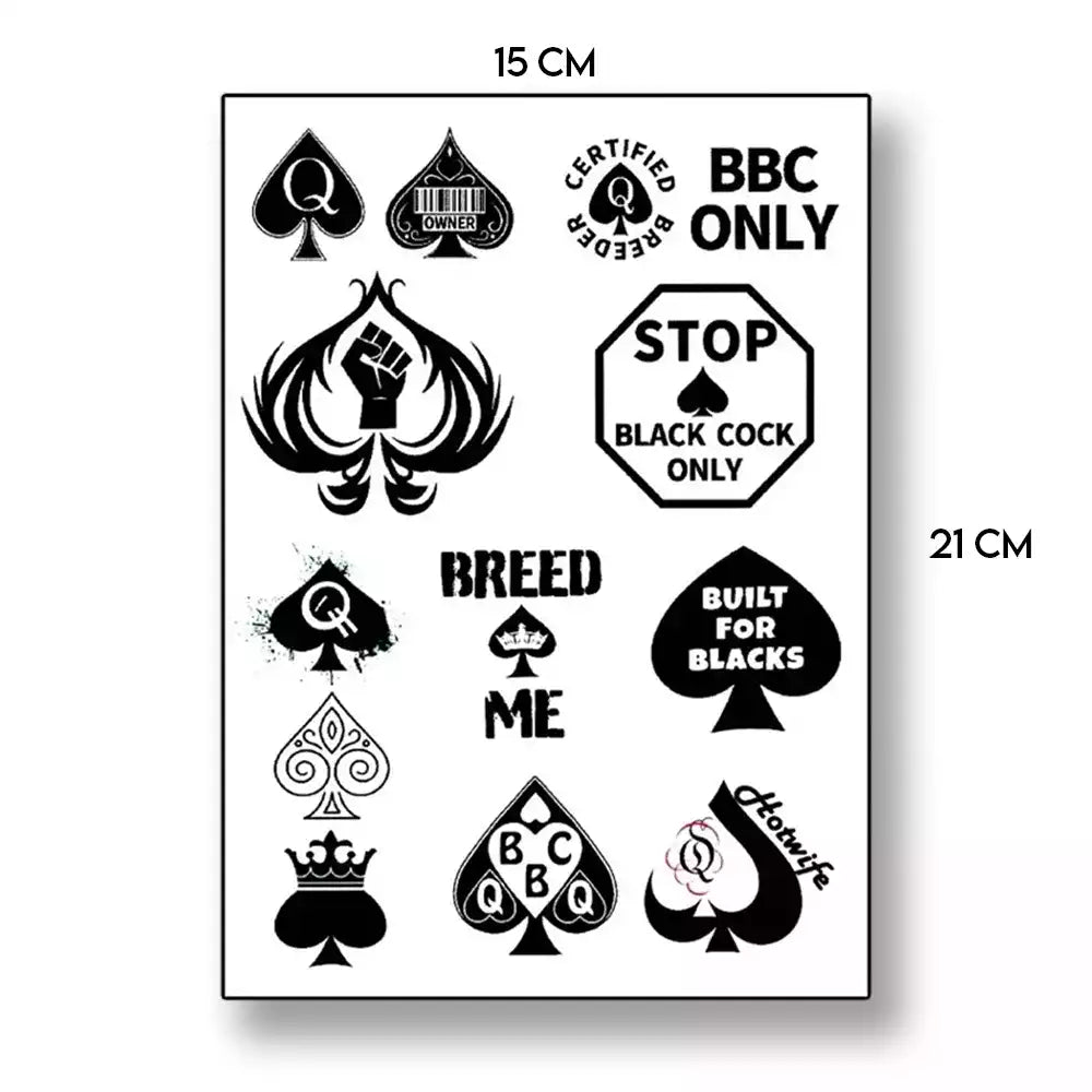 Planche de 13 faux tatouages QOS temporaires au format 21x15 cm avec motifs Queen of Spades et lettrages explicites pour votre sissification sur sissyshop.