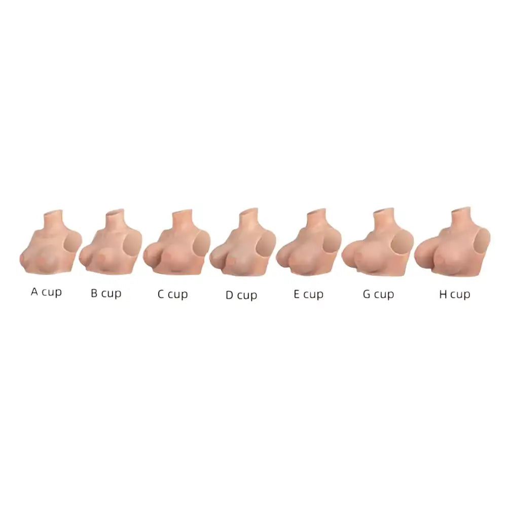 Guide visuel comparatif des différentes tailles de bonnets disponibles, allant du bonnet A au bonnet H (A cup, B cup, C cup, D cup, E cup, G cup, H cup) pour choisir le volume parfait de votre prothèse en silicone sur sissyshop.