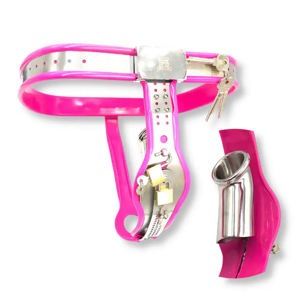 Présentation du harnais de chasteté avec son système de tube en métal interchangeable et ses clés, une véritable cage de chasteté plastique ou métal hybride sur sissyshop.