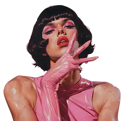 Femme en latex rose avec gants longs, incarnant la sissification et le fétichisme sur Sissyshop