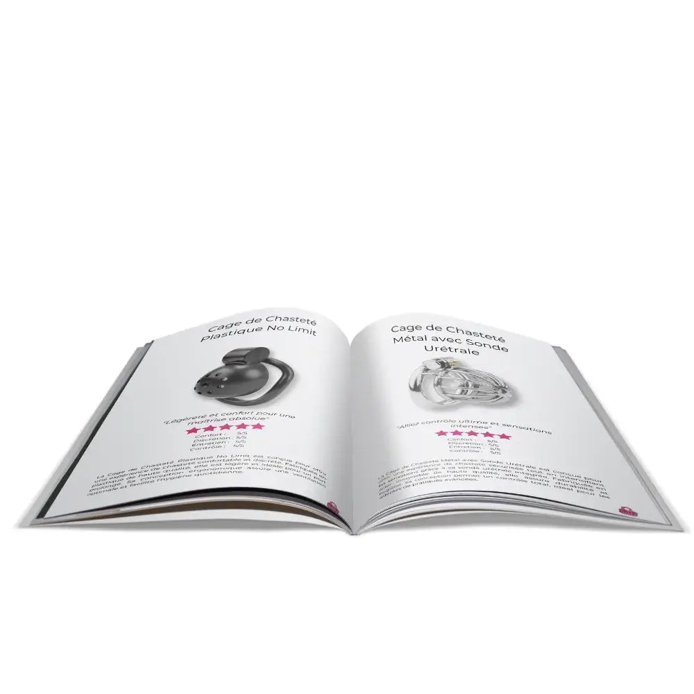 image montrant le visuel intérieur du catalogue de chasteté du sissyshop, on y voit les différentes cages avec leurs nom et leurs caractéristiques