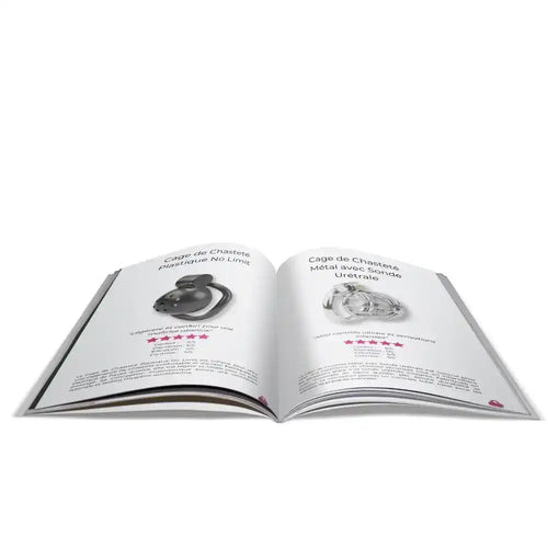 Catalogue présentant cages de chasteté en plastique et métal pour sissification et soumission sexuelle, sur Sissyshop