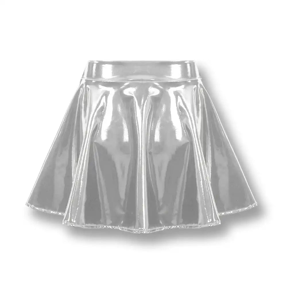Mini-jupe argentée en latex brillant pour sissification et crossdressing, idéale pour la féminisation sur Sissyshop