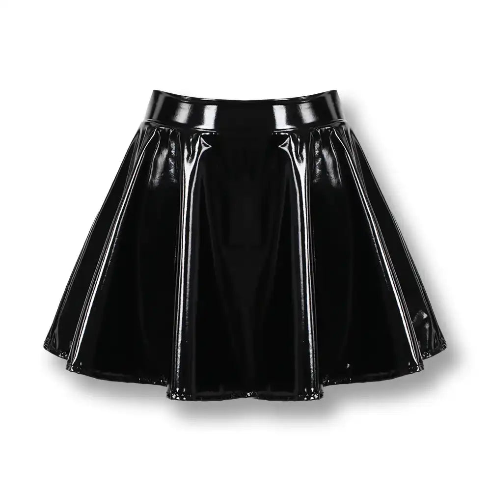 Jupe courte noire en latex brillant pour sissification et fétichisme, idéale pour la soumission sexuelle sur Sissyshop