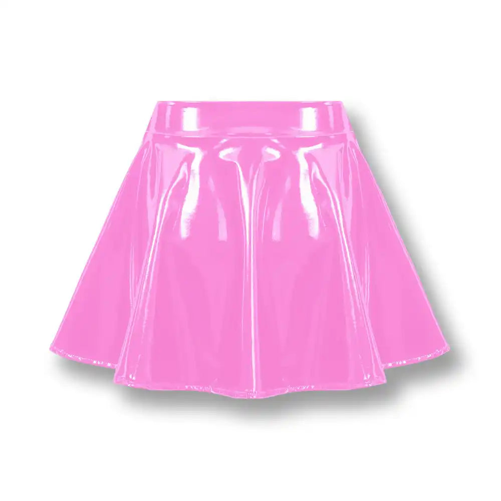Jupe courte rose en latex brillant pour sissification et fétichisme, idéale pour la féminisation sur Sissyshop
