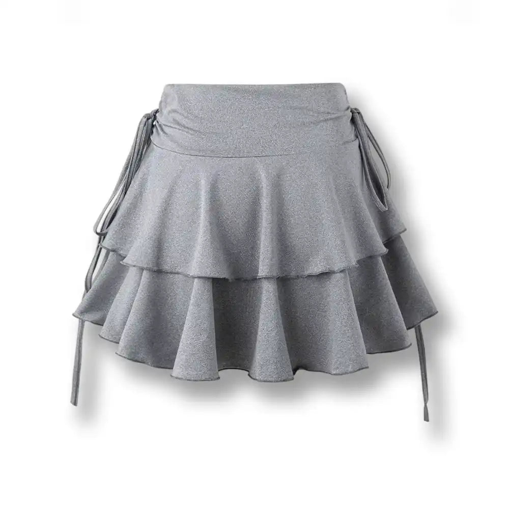 Aperçu de la jupe patineuse en gris chiné avec taille haute et double étage de volants pour vos tenues sissification sur sissyshop.