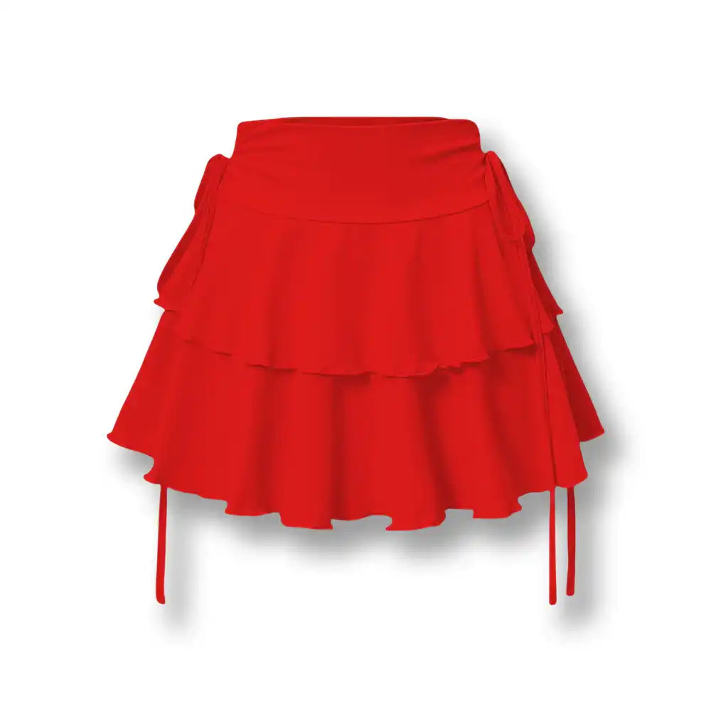 Version rouge vif éclatante de cette mini jupe à volants Lolita, la pièce audacieuse indispensable pour une tenue sexy sur sissyshop.