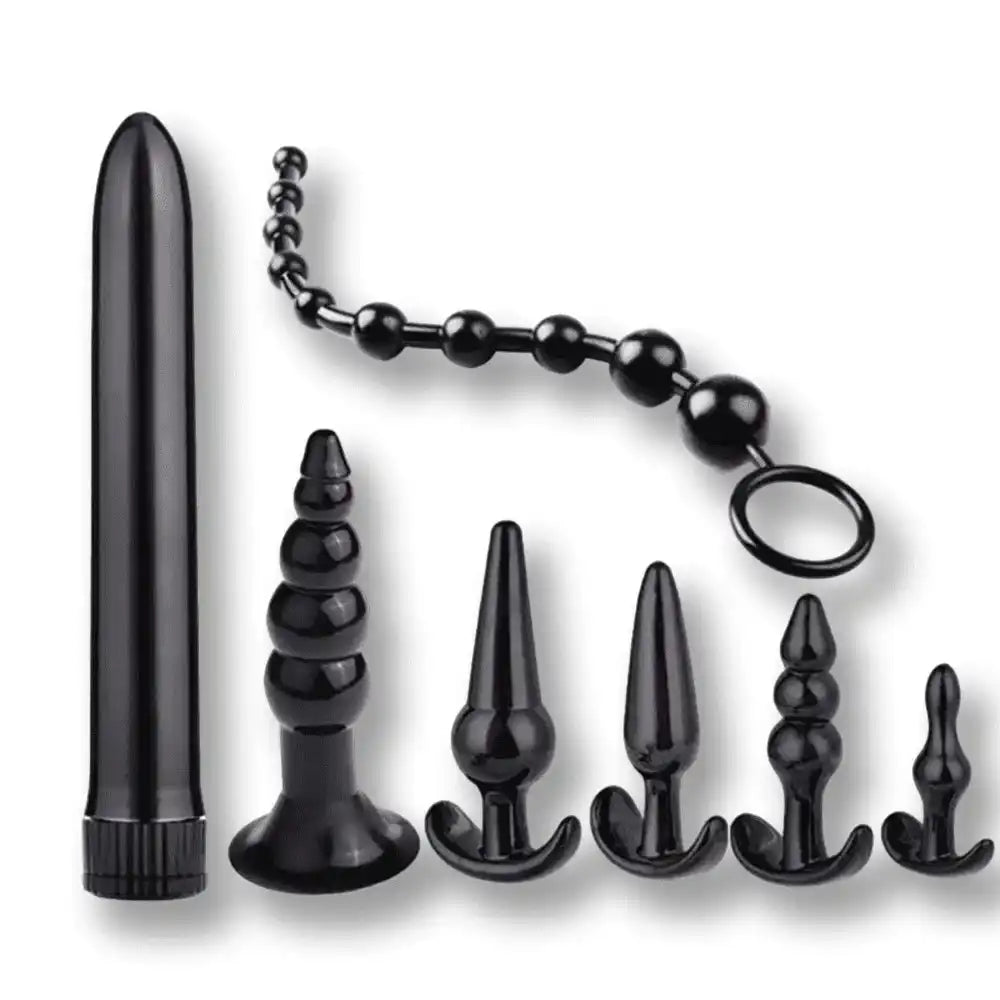 Ensemble de plugs anaux noirs en silicone pour sissification et fétichisme, incluant perles et gode, sur Sissyshop