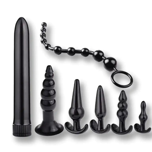 Ensemble de plugs anaux noirs en silicone pour sissification et fétichisme, incluant perles et gode, sur Sissyshop
