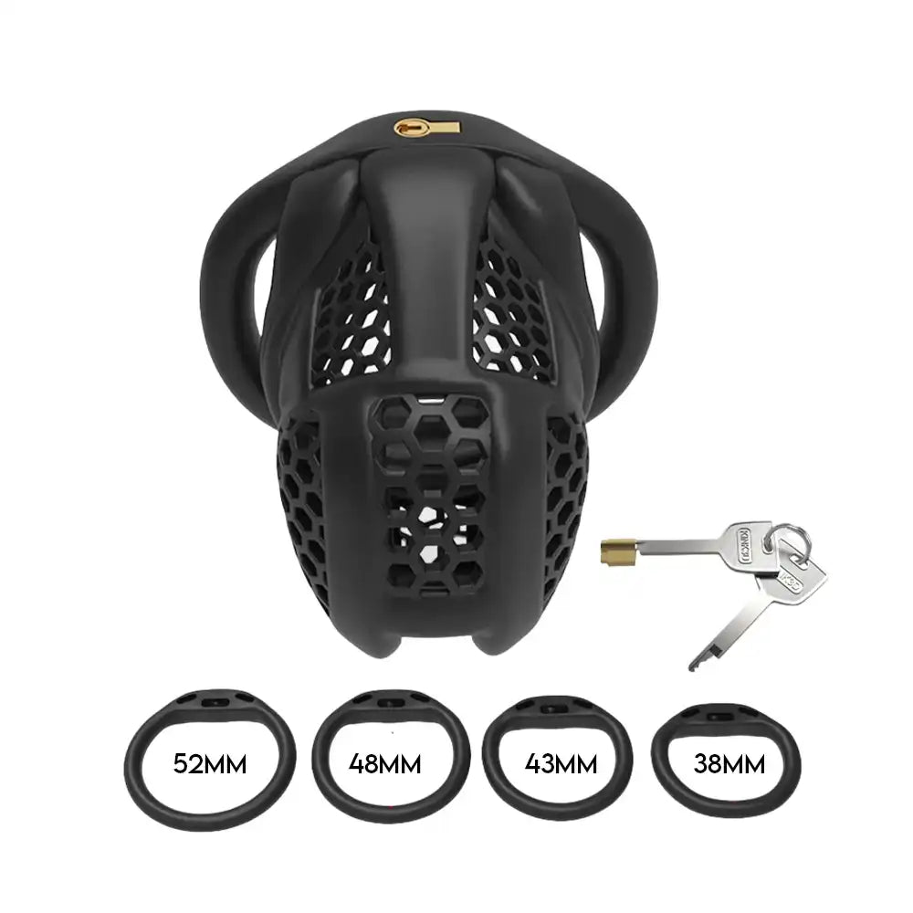 Cage de chasteté noire en silicone avec clés et anneaux de tailles variées pour sissification et soumission sexuelle sur Sissyshop