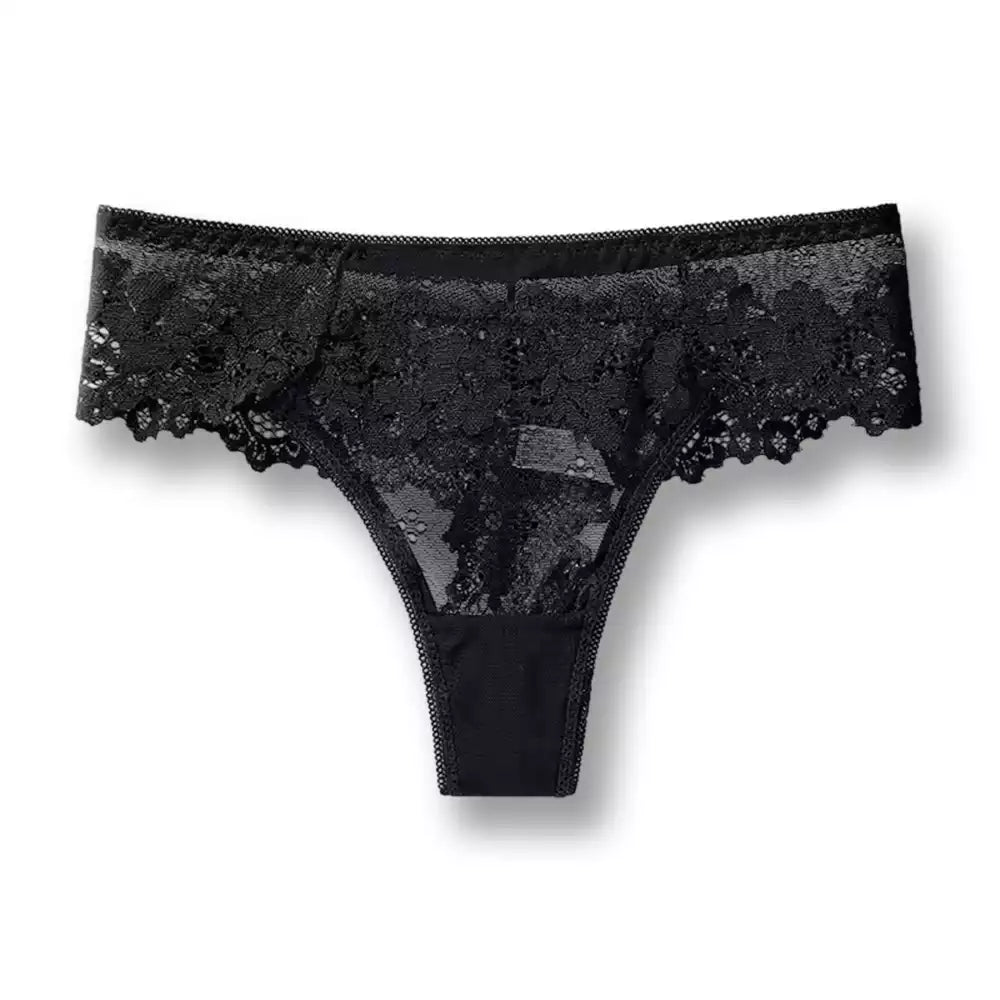 Culotte sexy noire en dentelle florale semi-transparente, une lingerie sexy raffinée et confortable adaptée aux morphologies sissy et tanga homme sur sissyshop.