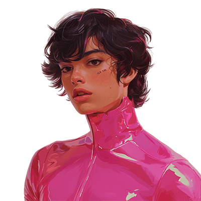 Illustration d'une personne sissy aux cheveux courts bruns bouclés, portant une combinaison en latex rose flashy à col montant. C'est le logo du sissyshop