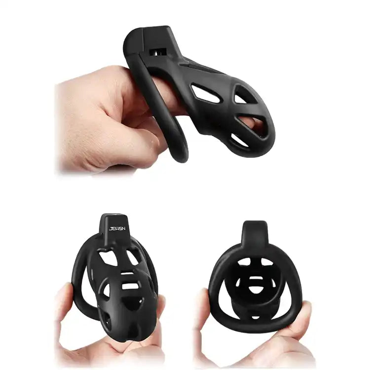 Cage de chasteté noire en silicone pour sissification et soumission sexuelle, design ergonomique et discret sur Sissyshop