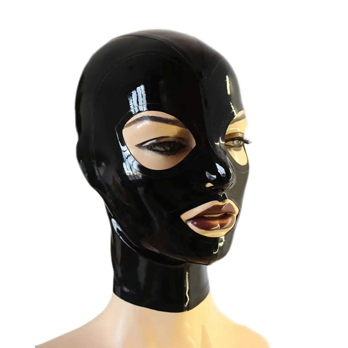 Masque latex noir brillant pour sissification et fétichisme, avec découpes yeux et bouche, sur Sissyshop