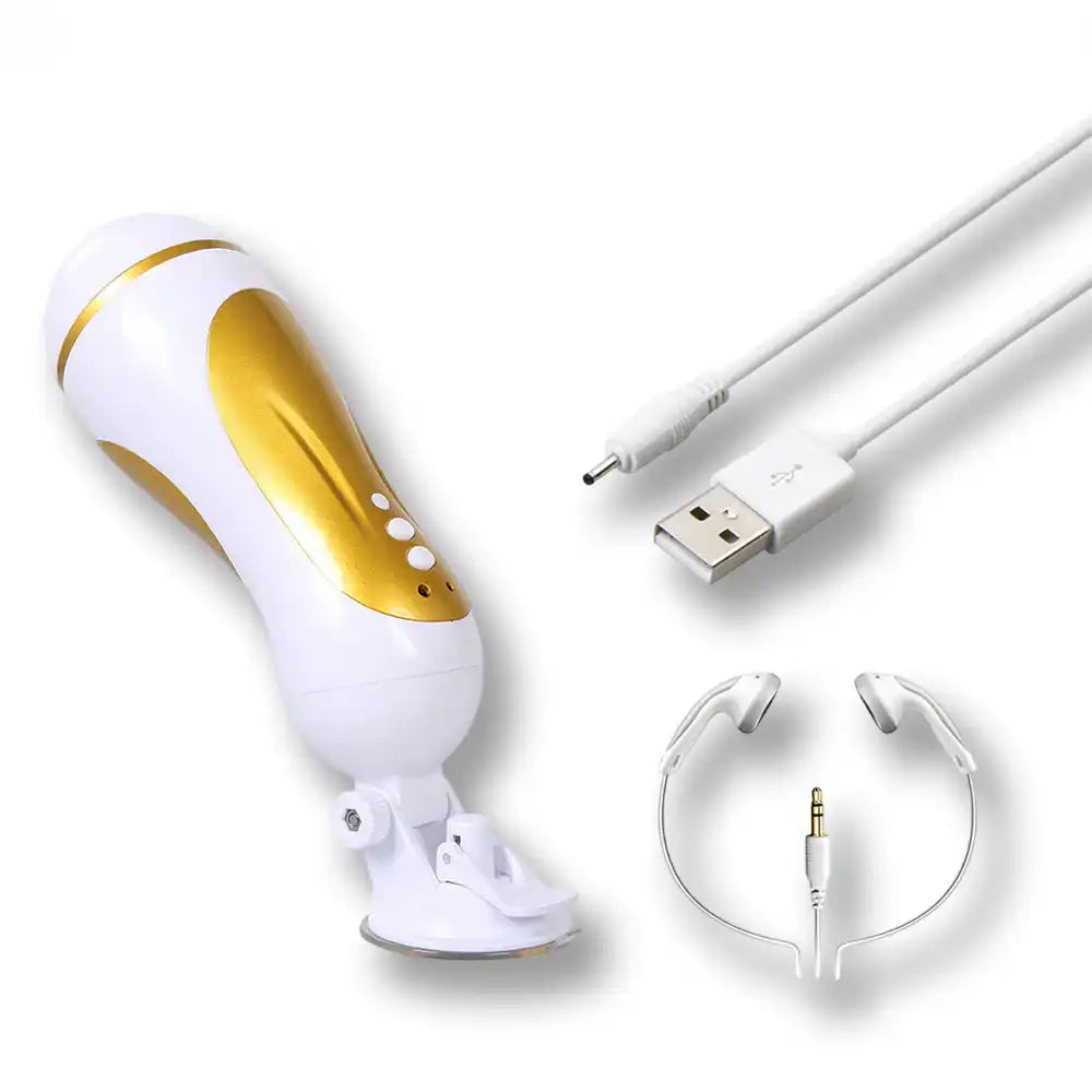 Câble de recharge USB et oreillettes inclus avec le masturbateur électrique interactif, sextoys et accessoires pour homme sur Le Sissyshop.
