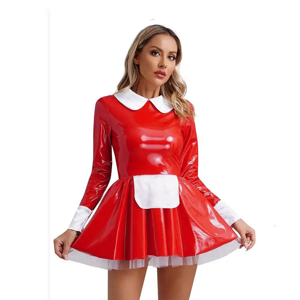 Robe latex rouge et blanc pour sissification et fétichisme, idéale pour la féminisation et le crossdressing sur Sissyshop