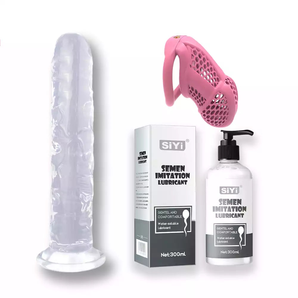 Pack 3 en 1 : Dildo ventouse, cage de chasteté & lubrifiant