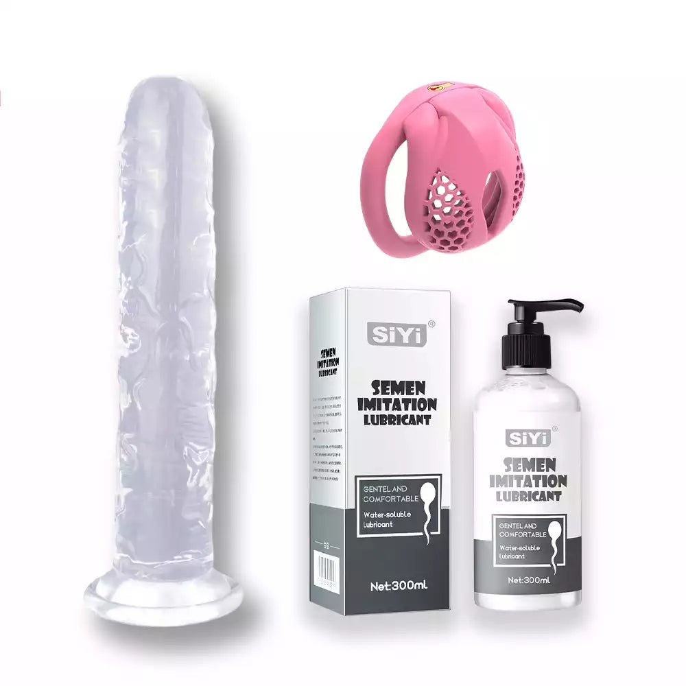 Pack 3 en 1 : Dildo ventouse, cage de chasteté & lubrifiant