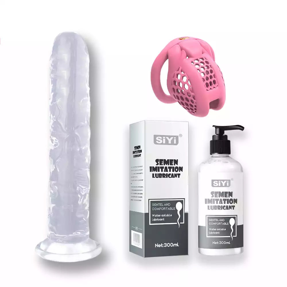 Pack 3 en 1 : Dildo ventouse, cage de chasteté & lubrifiant