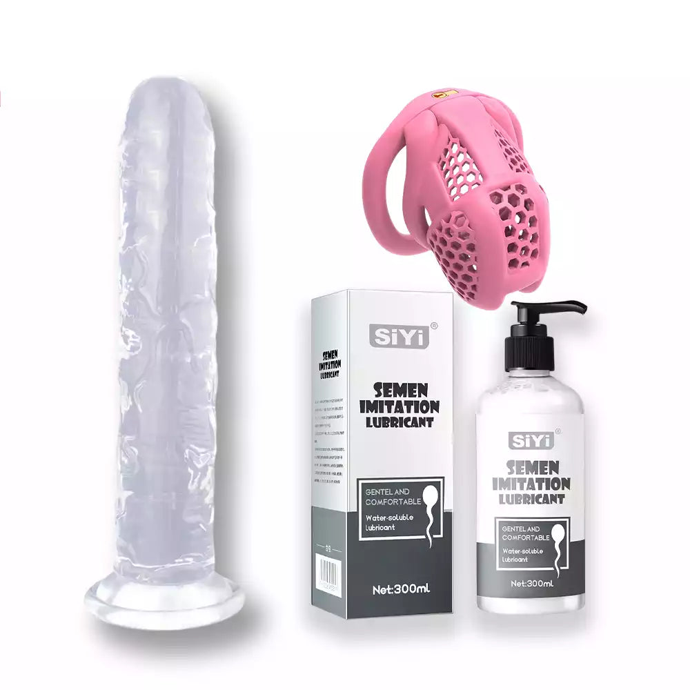 Pack 3 en 1 : Dildo ventouse, cage de chasteté & lubrifiant
