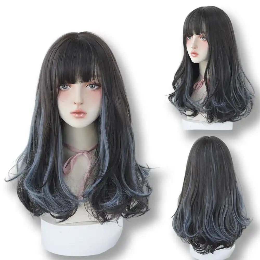 Perruque longue ondulée noire et bleu gris pour sissification et féminisation, idéale pour crossdressing sur Sissyshop