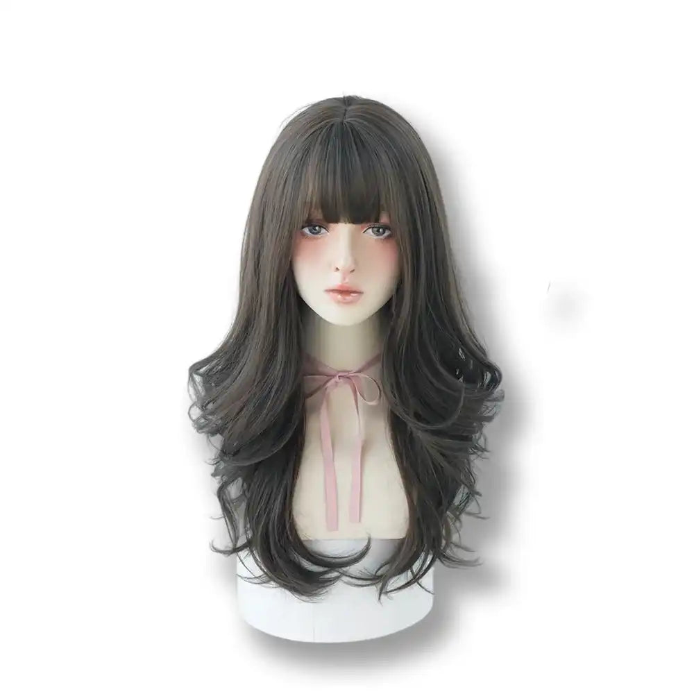 Perruque longue ondulée pour sissification et féminisation, avec frange et ruban rose, idéale pour le crossdressing sur Sissyshop