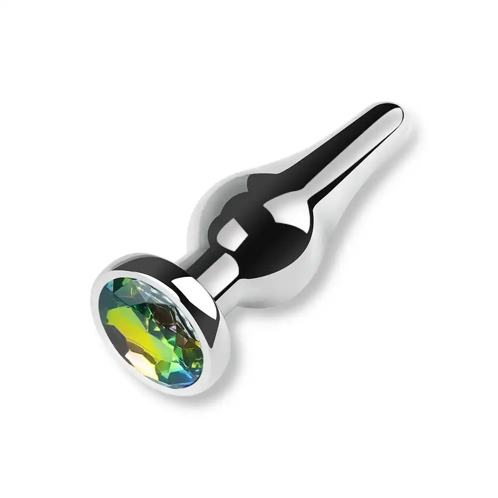 Plug anal en métal argenté doté d'un strass aux reflets multicolores, un plug diamant et bijoux anal parfait pour la sissification et le plaisir sur sissyshop.