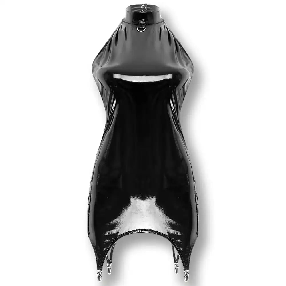 Présentation à plat du modèle noir classique de la robe sexy wetlook, affichant une brillance miroir et des finitions soignées exclusives à sissyshop.