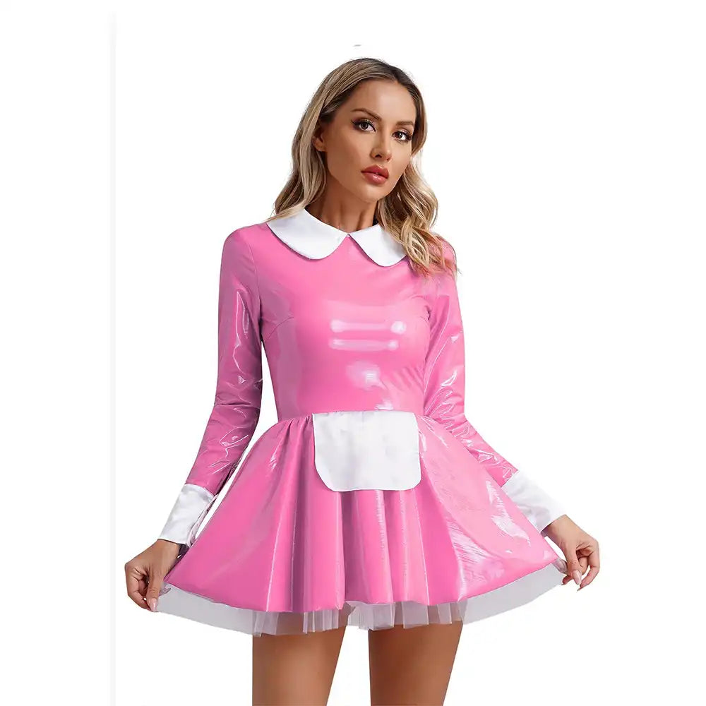 Robe rose en latex avec col blanc pour sissification et fétichisme, idéale pour la soumission sexuelle sur Sissyshop