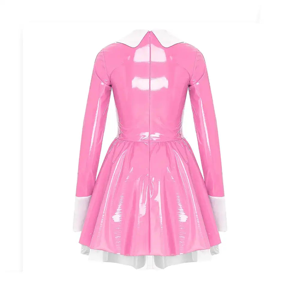 Robe rose en latex brillant avec col et poignets blancs, idéale pour la sissification et le fétichisme sur Sissyshop