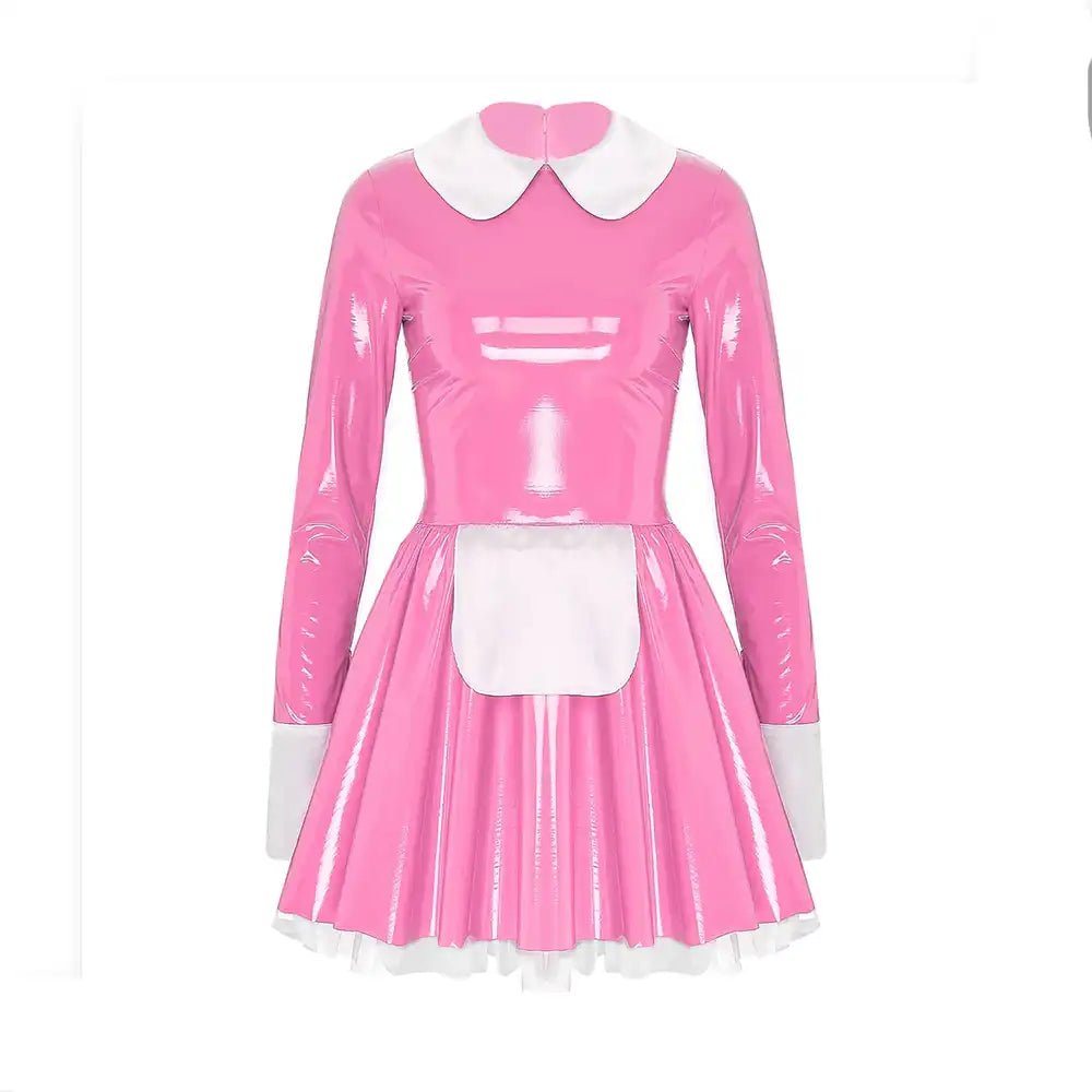 Robe rose en latex brillant avec col et tablier blancs, idéale pour la sissification et le fétichisme sur Sissyshop
