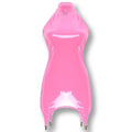 Présentation à plat de la robe sexy rose au fini wetlook brillant, mettant en valeur sa coupe cintrée et ses fixations porte-jarretelles sur la boutique sissyshop.